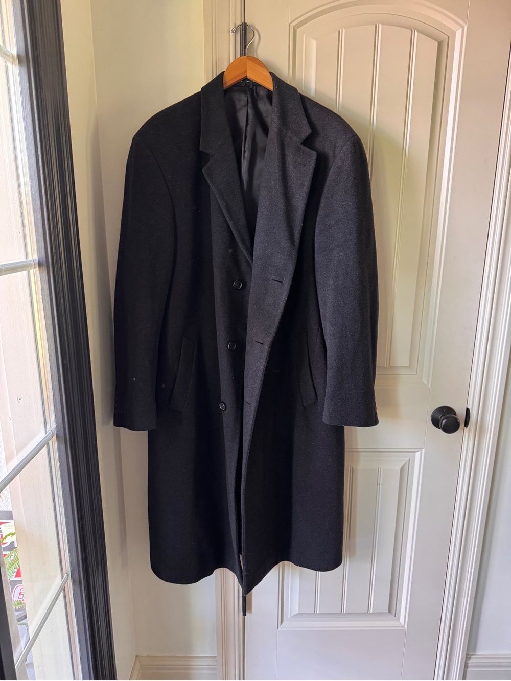 Men's Dark Charcoal/Black Wool Overcoat - Classic Long Coat